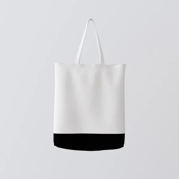 Closeup White Cotton Textile Bag Hanging Center Gray Empty Background.Isolated Mockup Highly Detailed Texture Materials.Space for Business Message. Square. 3D rendering — Stock Photo, Image