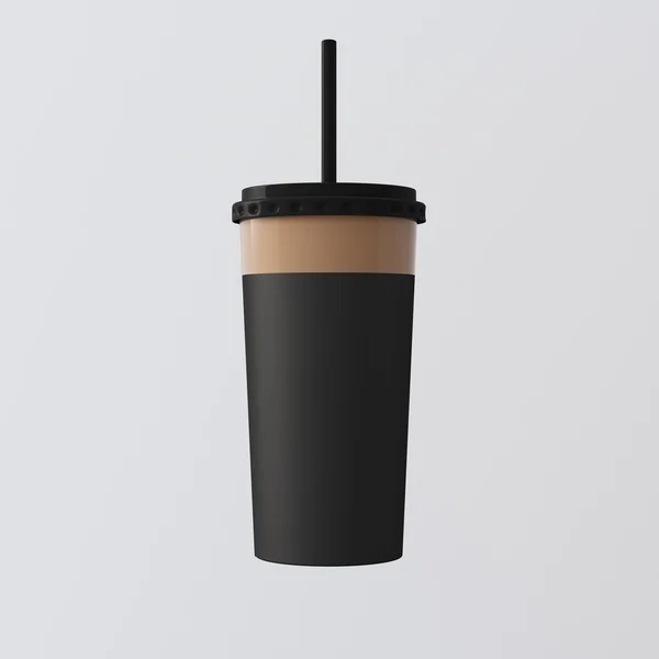 Close-up One Blank Plastic Smoothies Cup Isolated White Background.Take Away Cocktail Mug Closed Black Cap Tube Top.Retail Mockup Presentation Ready Business Message.Square. 3d rendering. — Stock Photo, Image