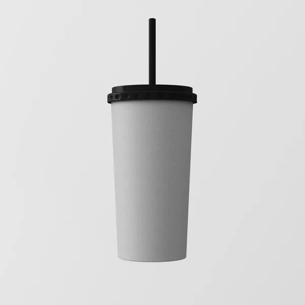 Närbild en tom grå kartong smoothies kopp isolerad vit bakgrund. ta bort cocktail mugg stängd svart mössa röret topp. Töm butiks utkast presentation redo affärs meddelande. kvadrat. 3D-rendering. — Stockfoto