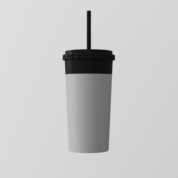 Close-up One Blank Gray Cardboard Smoothies Cup Isolated White Background.Take Away Cocktail Mug Closed Black Cap Tube Top.Retail Mockup Presentation Ready Business Message.Square. 3d rendering.