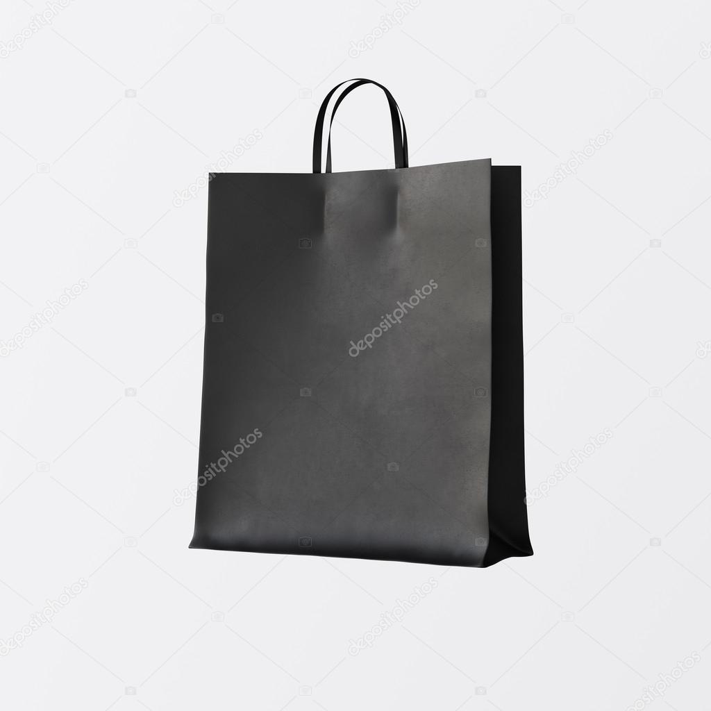 Closeup Black Paper Bag Isolated Center White Empty Background.Mockup Highly Detailed Texture Materials.Space for Business Text Message. Square. 3D rendering