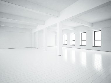 Uzay çatı. Beyaz beton duvarlar. 