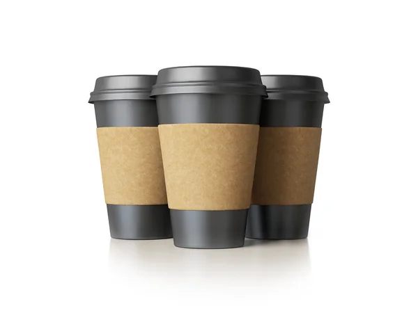 Three black paper cups isolated — Stock Photo, Image