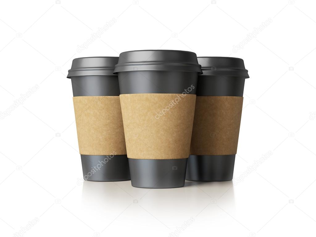 Three black paper cups isolated
