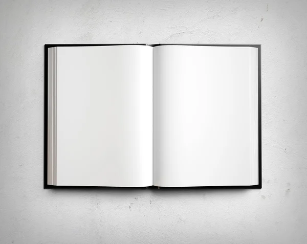 Livro em branco aberto na parede de estuque branco — Fotografia de Stock