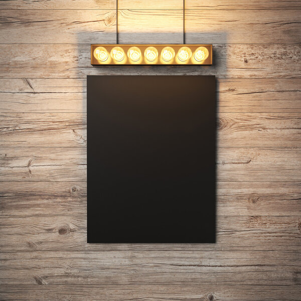 Black canvas hanging under decorative vintage light bulbs. 3d re