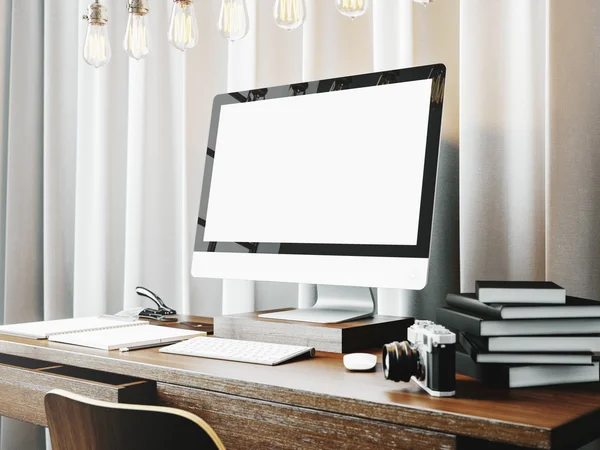 Classic workspace with books on the table. 3d rendering — Stock Photo, Image