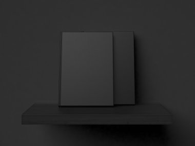 Bir raf üzerinde iki boş kitap. 3D render