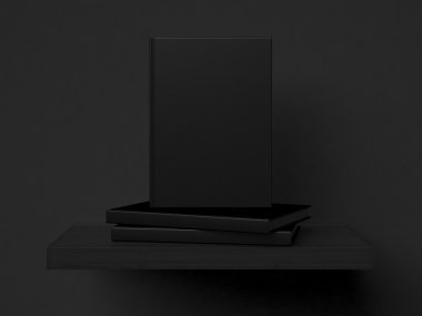 Bir raf üzerinde üç boş kitap. 3D render
