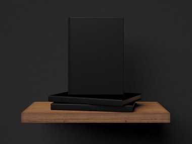 Ahşap raf üç boş kitabı. 3D render