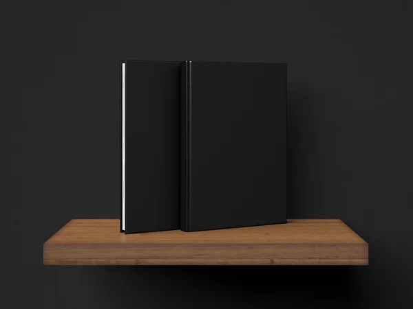 Dos libros en blanco en un estante marrón. renderizado 3d — Foto de Stock