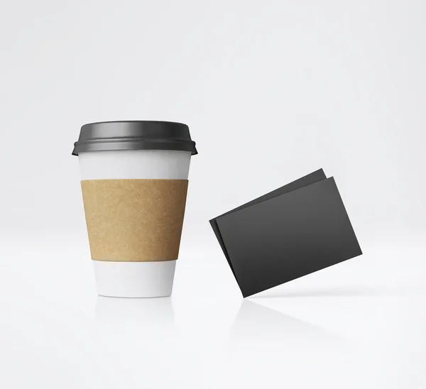 Белая бумажная кружка и визитки. 3d-рендеринг — стоковое фото