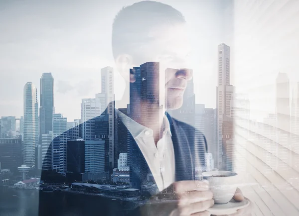 Double exposure of young businessman — Stock Photo, Image