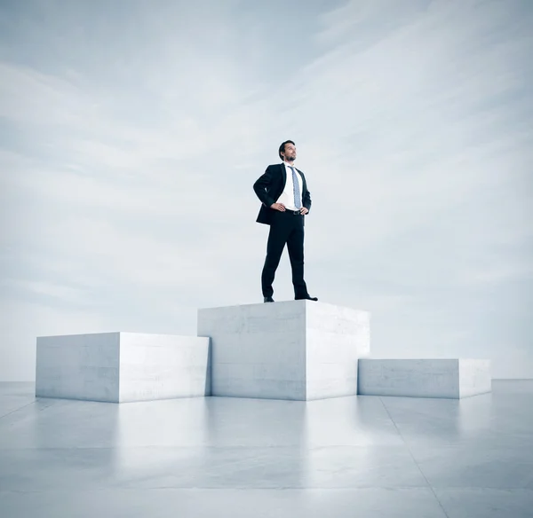 Homme d'affaires debout sur un cube haut. Rendu 3d — Photo