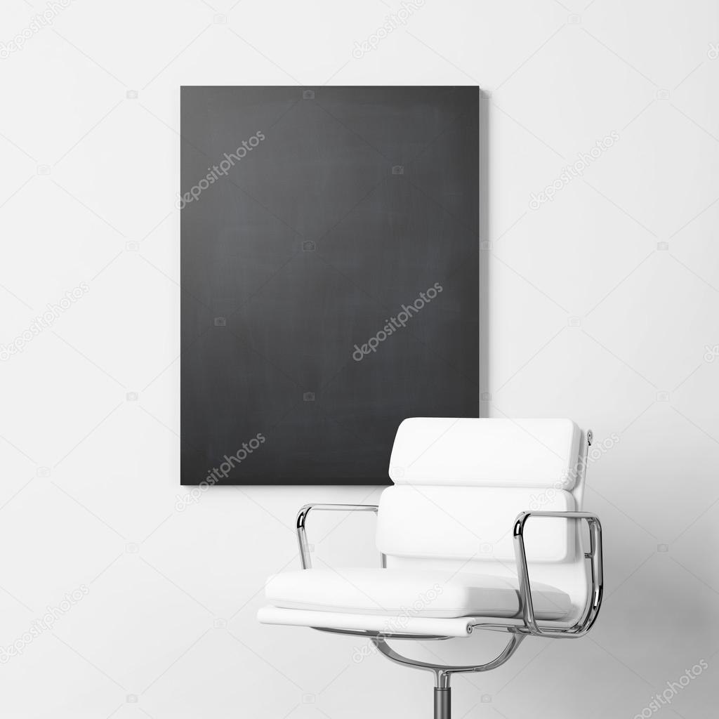 Blank black poster and white chair. 3d render