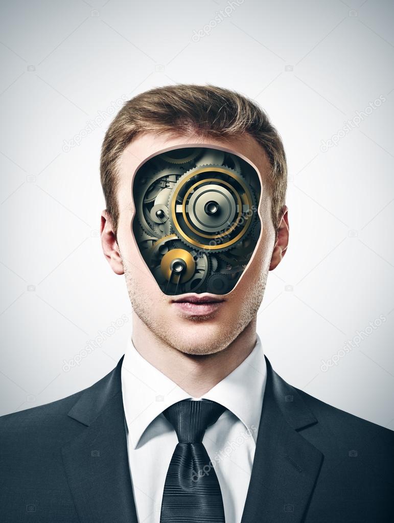 businessman with gears inside head