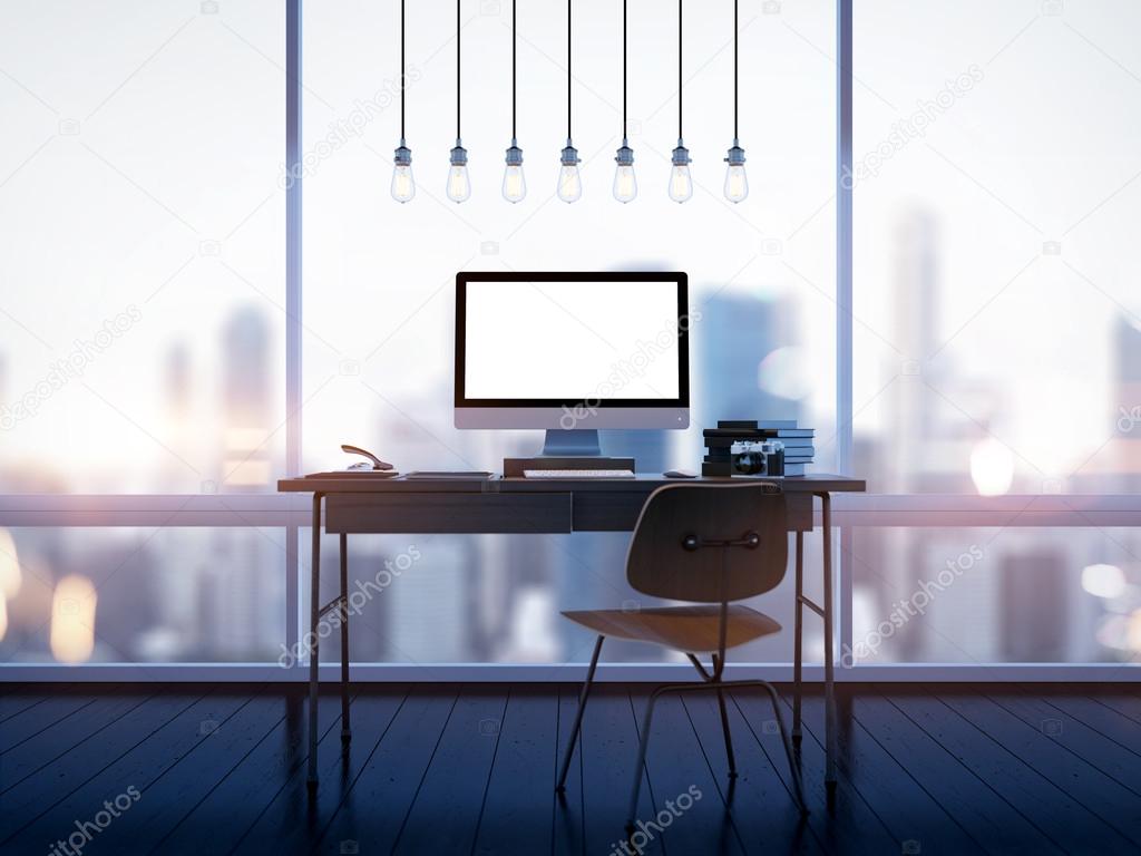 Mock up of generic design computer screen on workspace. 3D rendering