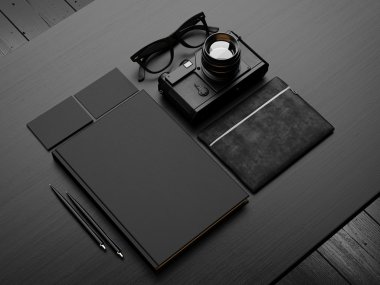 Masanın üzerine siyah mockup kümesi. 3D render