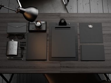 ahşap masa üzerinde siyah mockup öğeleri kümesi. 3D render