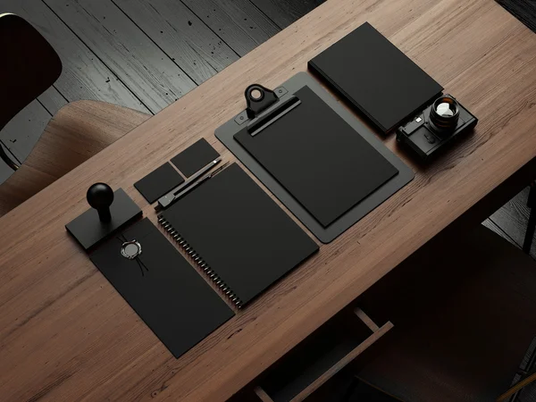 在桌上的黑色的品牌要素设置。3d 渲染 — 图库照片