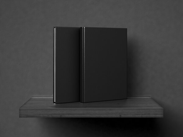 Blank books on a wooden shelf