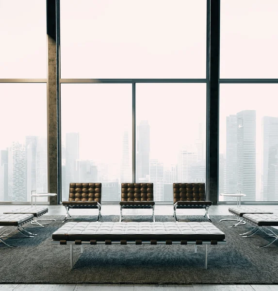 Loft moderno con vista panoramica e sedie vintage. rendering 3d — Foto Stock