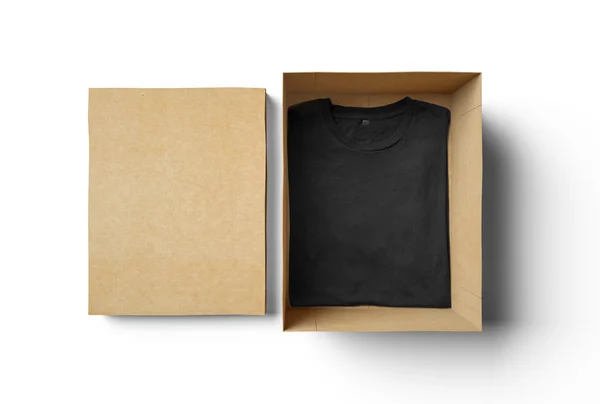 Leere isolierte Box und schwarzes T-Shirt — Stockfoto