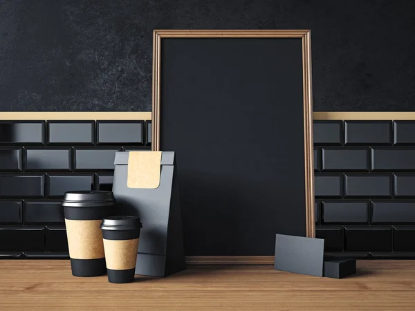 Black poster on table with blank elements — Stock Photo, Image