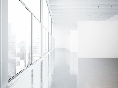 Boş beyaz Galerisi iç sahte ve büyük pencereler. 3D render