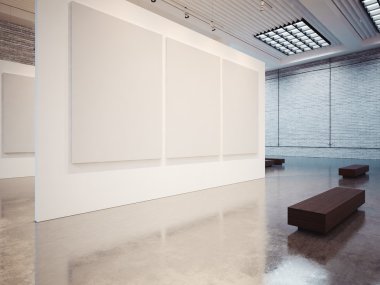 Kadar Galeri iç beyaz canvas ve tuğla ile ilgili alay et. 3D render