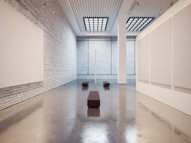 Mockup Galerisi iç kahverengi tezgah ve tuğla ile. 3D render