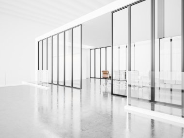 Panoramik pencerelere boş toplantı salonu. 3D render