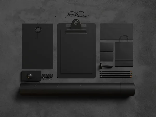 Zestaw elementów pakietu office na czarnym tle. renderowania 3D — Zdjęcie stockowe