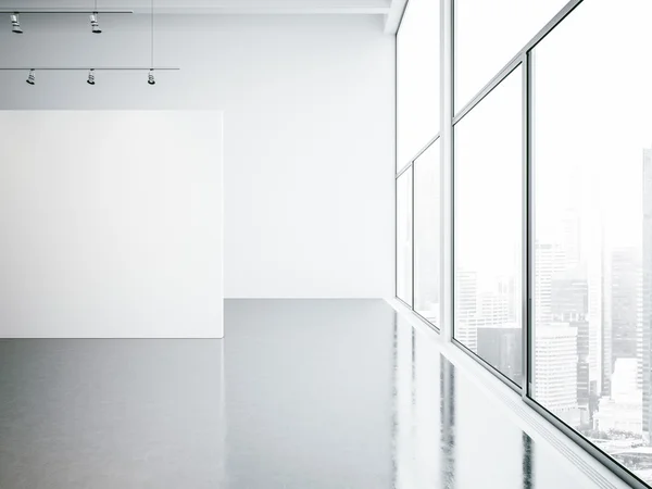 Mock up of empty white gallery interior and panoramic windows. 3d render — Stock Photo, Image