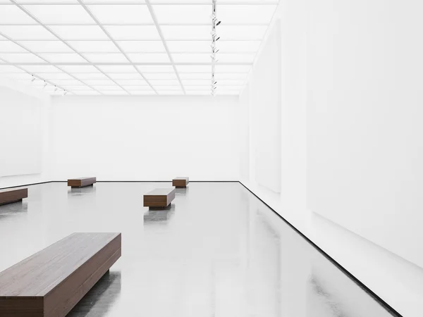 Макет пустого интерьера галереи с белым холстом. 3D рендеринг — стоковое фото