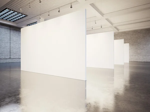 Mock up of empty gallery interior with white canvas and bricks. 3d render — Stock Photo, Image