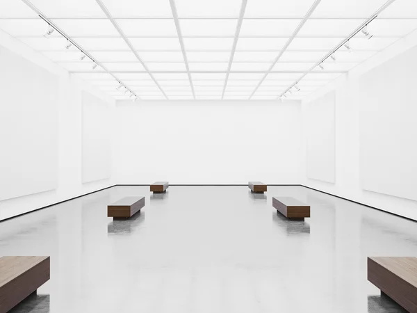 Galeria interior vazio com tela branca. Renderização 3d — Fotografia de Stock
