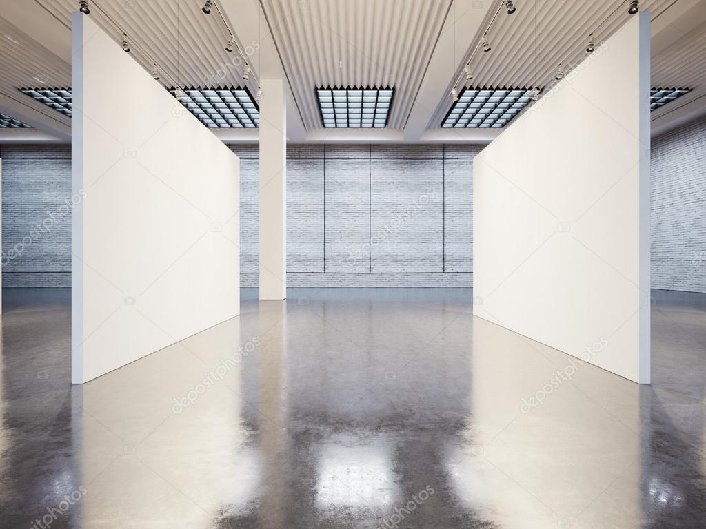 Mockup of empty gallery interior with white canvas and bricks. 3d render