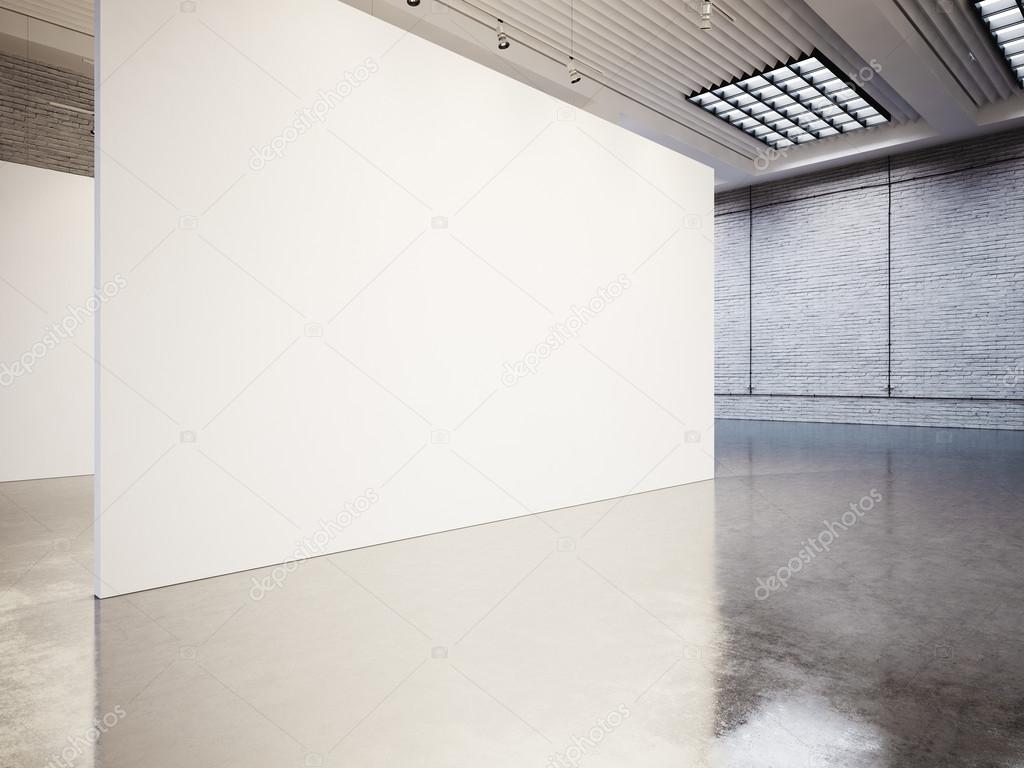 Empty gallery interior with white canvas and bricks. 3d render