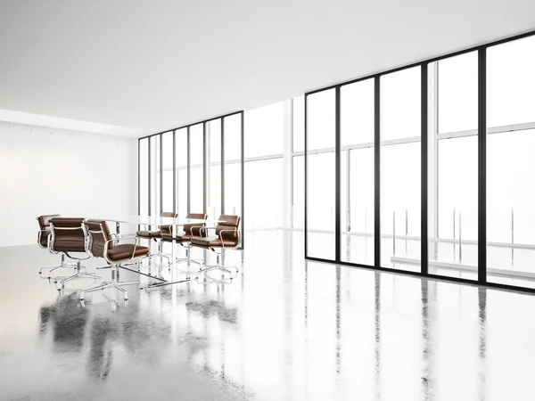 Panoramik pencerelere modern toplantı salonu. 3D render — Stok fotoğraf