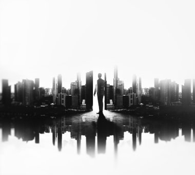 Genç iş adamı City BW çift pozlama