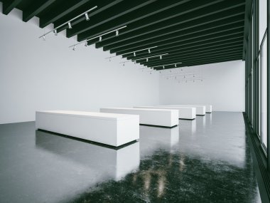 Boş beyaz Galerisi iç siyah tavan ile. 3D render