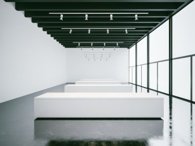 Beyaz iç boş duvarlar, panoramik pencerelere ve siyah tavan ile. 3D render