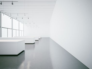 Modern beyaz Galerisi iç duvarlar ve windows ile. 3D render