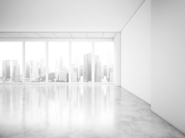 Ofis iç şehir manzaralı panoramik pencereler. 3D render