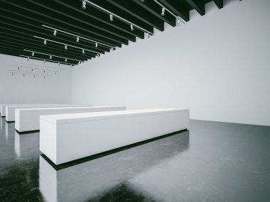 Beyaz ve boş Galerisi iç duvarlar, siyah tavan ile. 3D render