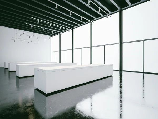 Γκαλερί λευκό εσωτερικό με το μαύρο ανώτατο όριο. 3D καθιστούν — Φωτογραφία Αρχείου
