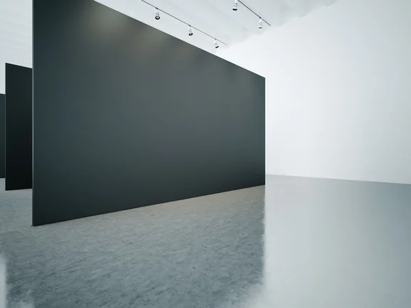 Galeria interior vazio com tela preta. Renderização 3d — Fotografia de Stock