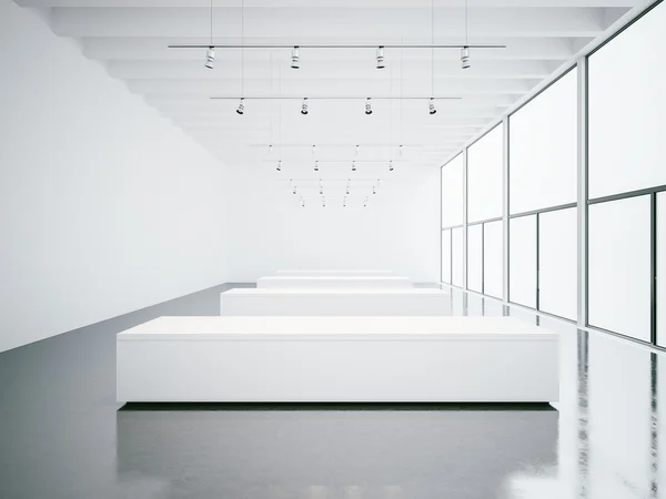 Intérieur blanc avec murs vides et fenêtres panoramiques. 3d rendu — Photo