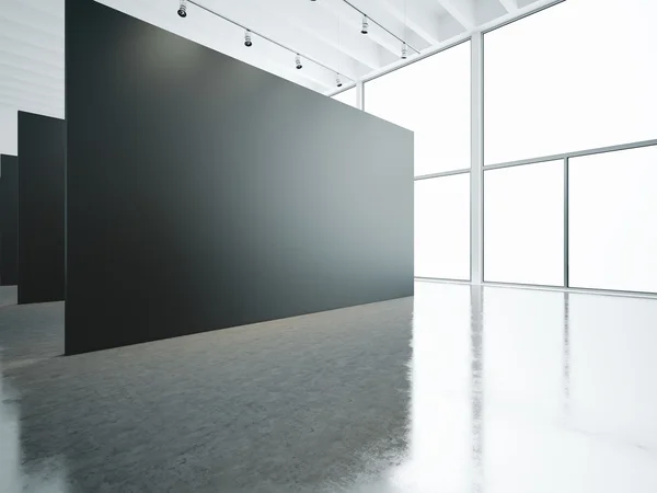Espacio abierto interior de la galería con grandes ventanas. 3d renderizar —  Fotos de Stock